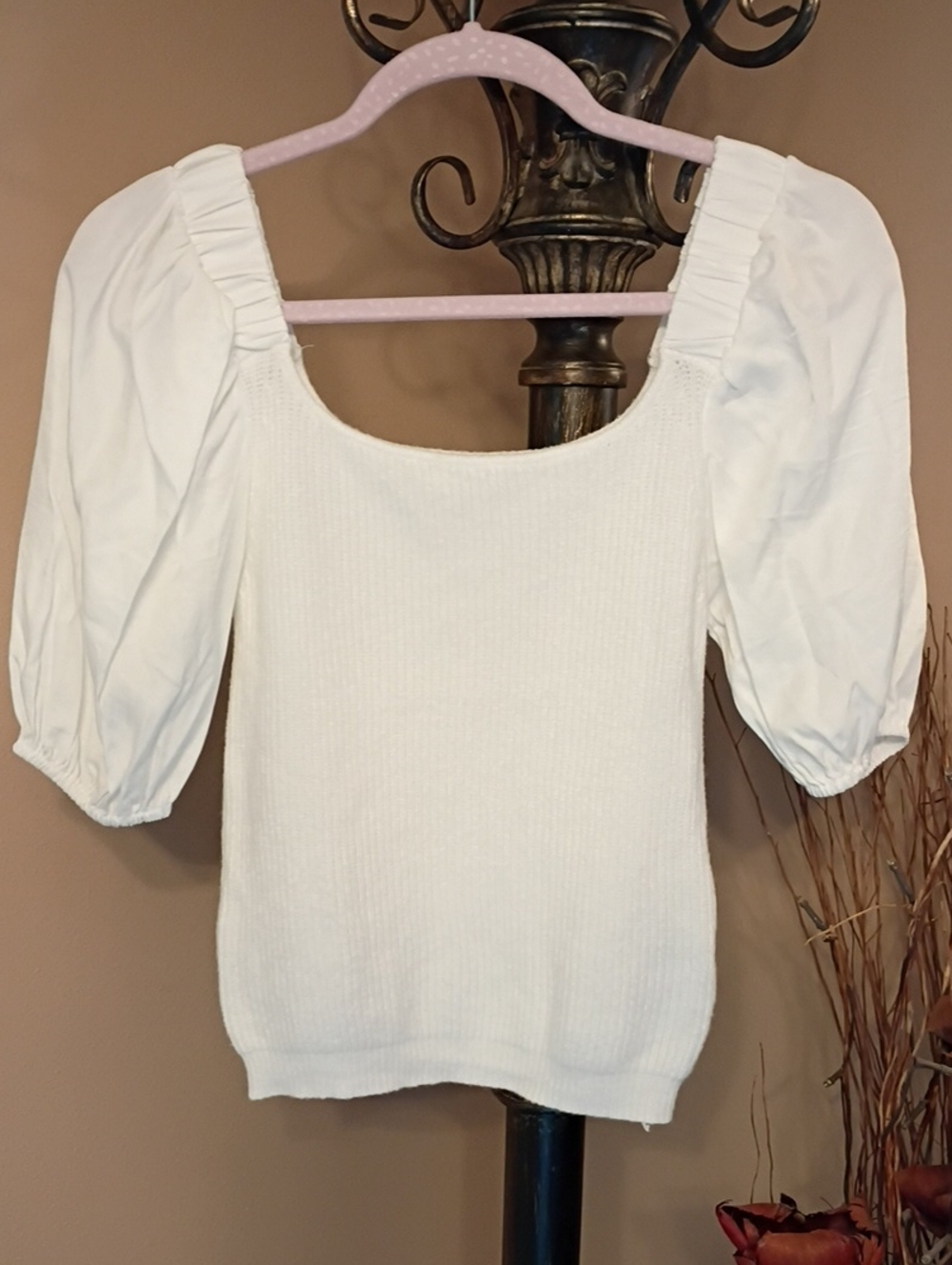 White Puff Sleeve Knit Top
